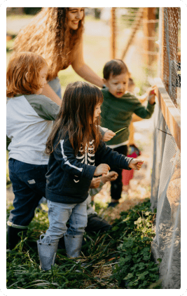 Children looking into the chicken coop at the forest school