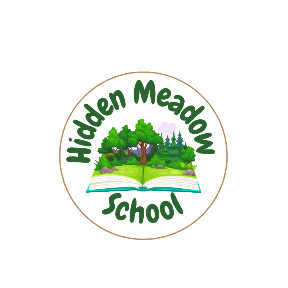 Hidden Meadow School Logo showing Hidden Meadow School words with open book and forest on top of book