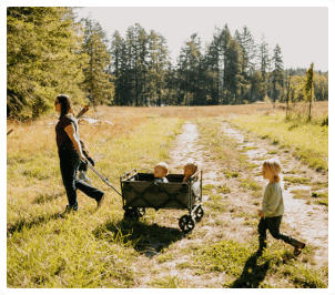 Molly pulling child in cart across forest school path
