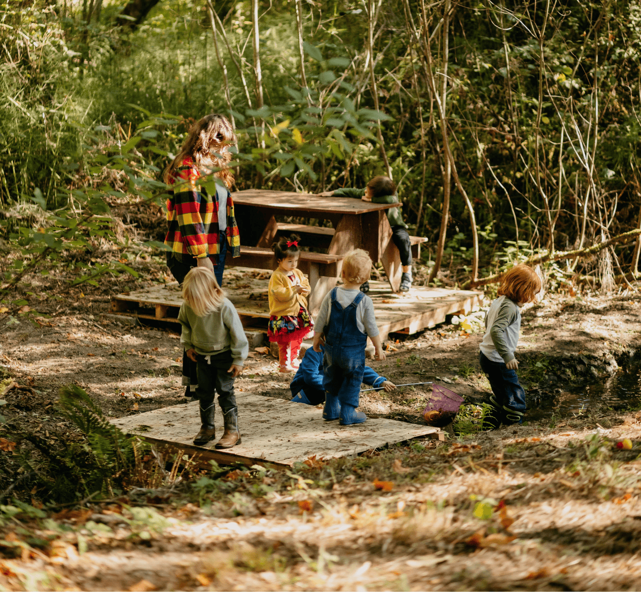 children playing outside in a learning space inside the forest for an outdoor classroom at hidden meadow school