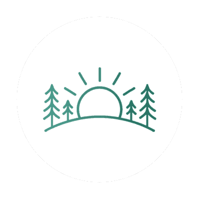 Half day icon with sun in half sunrise and trees on the sides