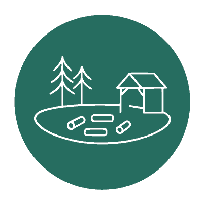 Learning Space icon showing an outdoor learning space with logs, trees and learning structure