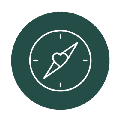 Led by Expertise and Heart icon A compass with a heart-shaped needle