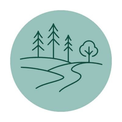 16 acre campus icon with tree lines and forest paths