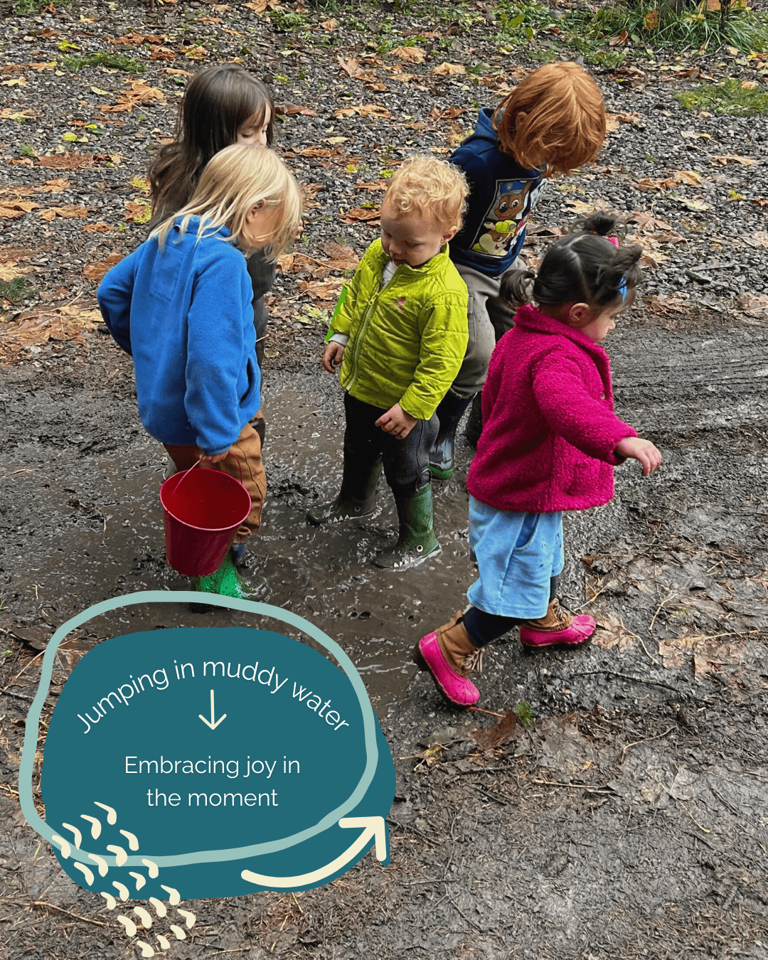 Children jumping into muddy puddles at Hidden Meadow Forest School with text that says: Jumping in muddy water: Embracing joy in the moment