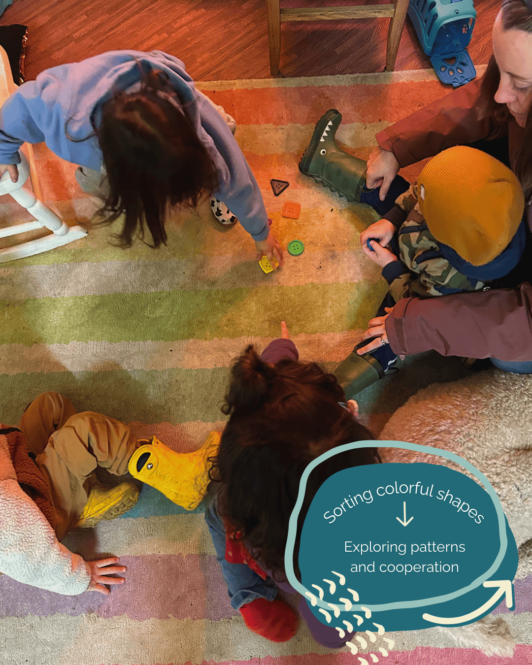 children sorting colorful buttons on a rug with text that says: sorting colorful shapes; Exploring patterns and cooperation