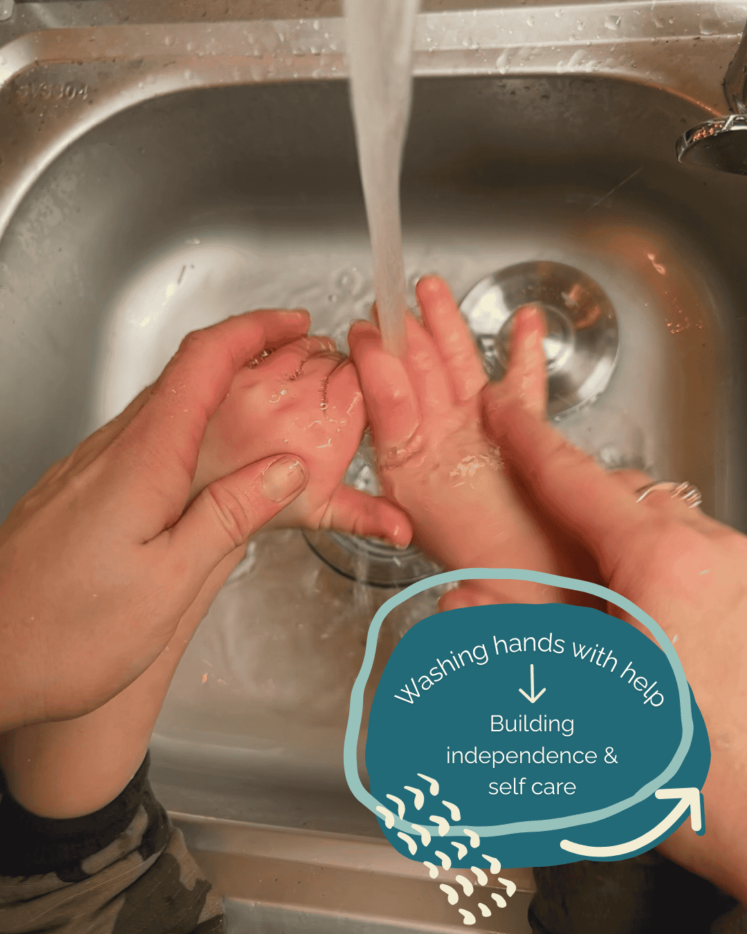 big hands helping little hands wash under water in sink with text that says: washing hands with help: Building independence & self care