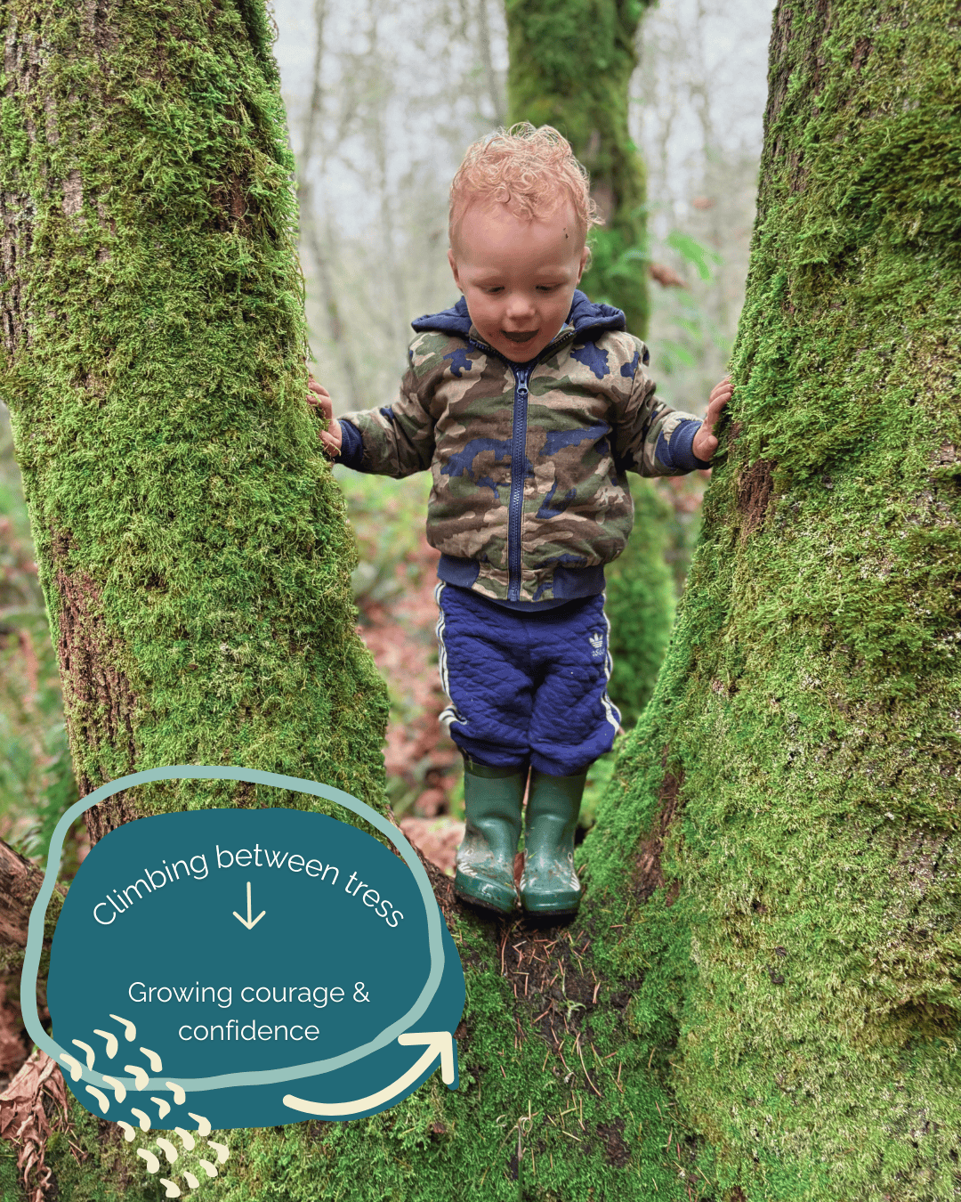 Child climbing on tree standing between two tree trunks with text that says: Climbing between tress: Growing courage & confidence