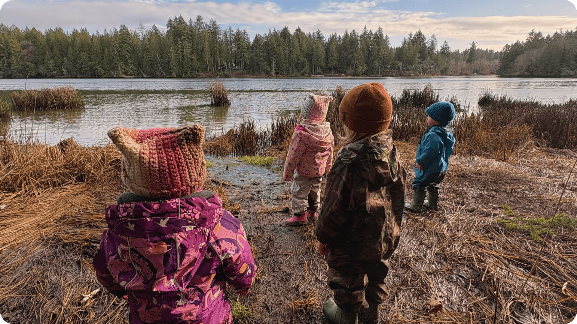 Children at hidden Meadow Forest School looking out at Henderson Inlet