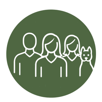 Meet Our Team icon with two women, a man and a dog