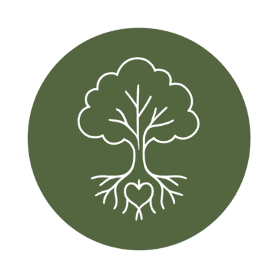 Our approach icon with tree and roots around a heart