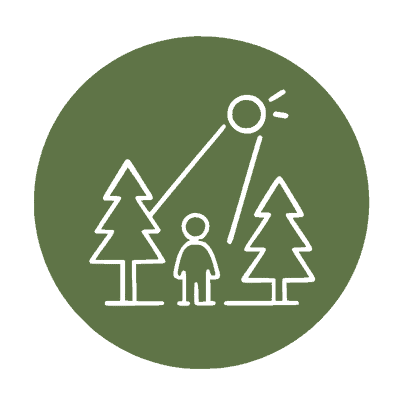 Watch Children Thrive icon with sun shining down on child standing between two trees