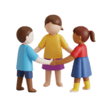 3d forest clock icon showing 3 children holding hands in a circle