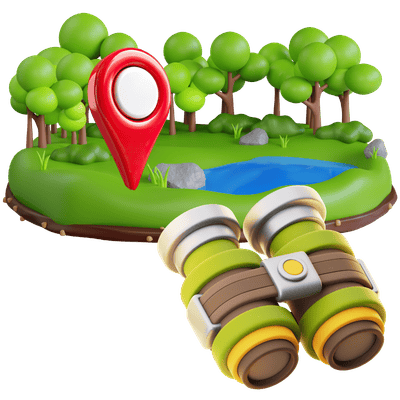 Explore the outdoors icon with a location marker on a forest with binoculars 