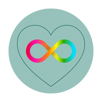 Inclusive rainbow infinity sign for neurodivergence inside a heart