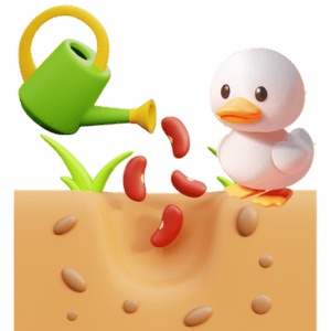 Little Homesteaders Icon. Soil with beans going into the soil, watering can and little duck