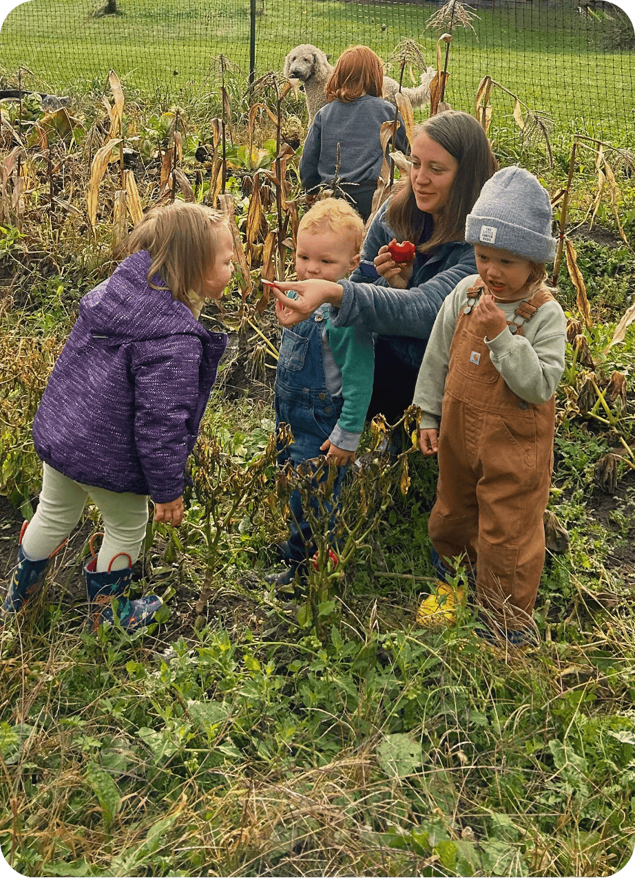 Molly feeding kids from the garden at Hidden Meadow School