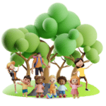 Small groups icon showing forest with teachers and children