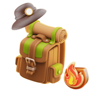Wilderness Survival Academy Icon. Backpack with fire badge and explorer hat