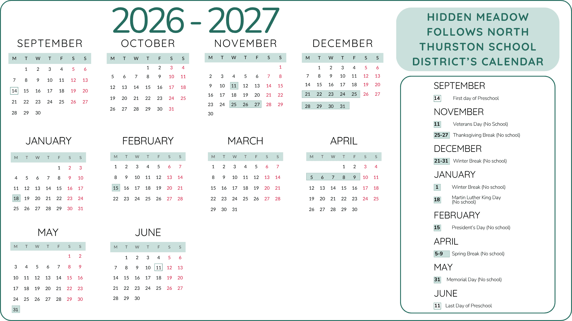 Hidden Meadow 2026-2027 School Calendar